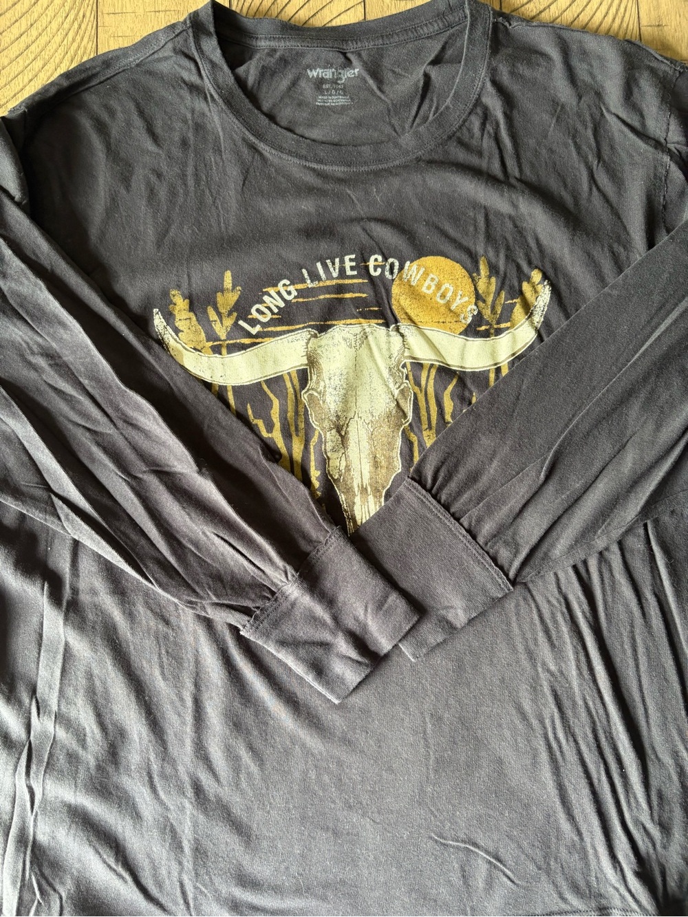 Wrangler Black Long Sleeve Tee with Gold Skull & Sun Graphic